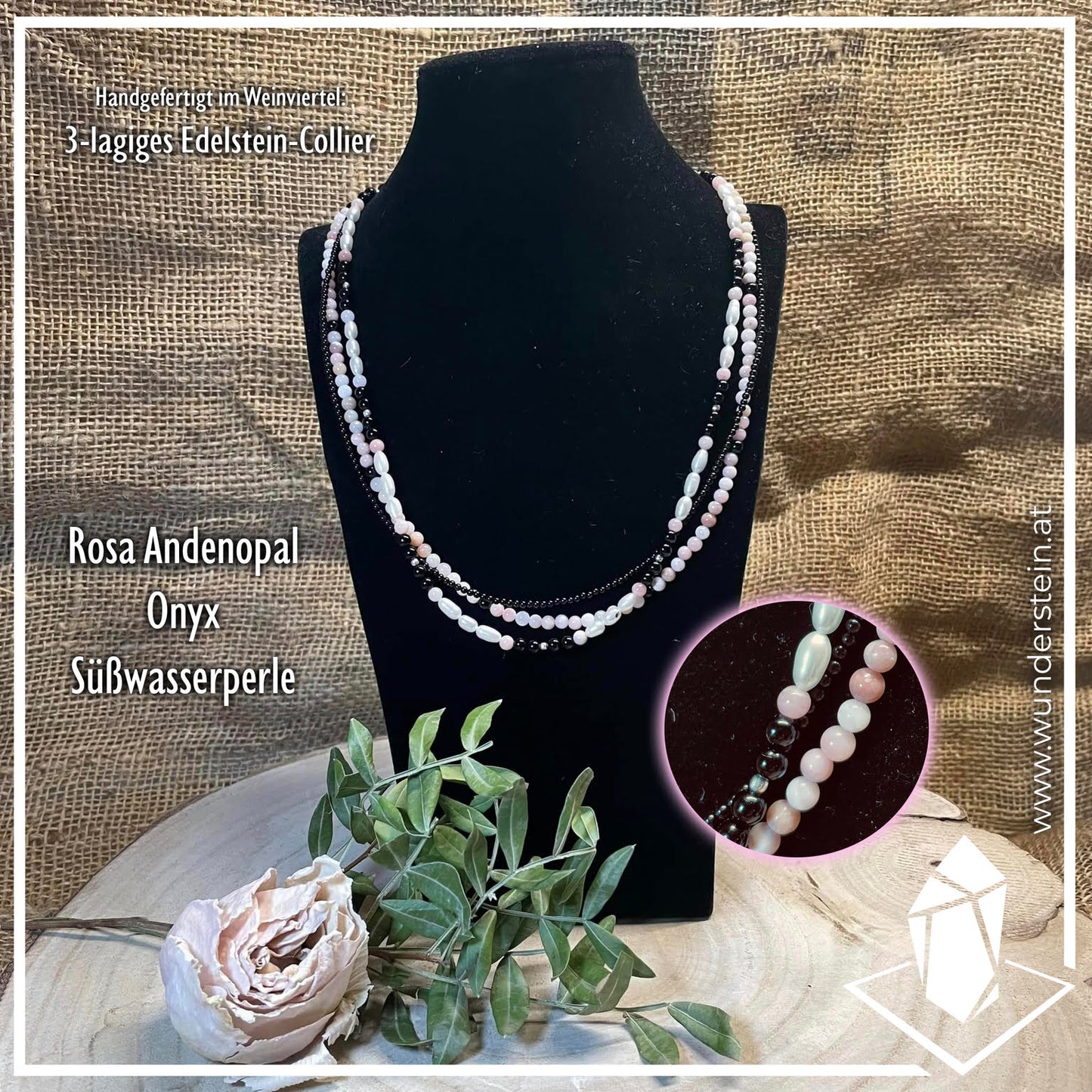 Dreilagiges Edelstein-Collier "Rosa Andenopal-Onyx"