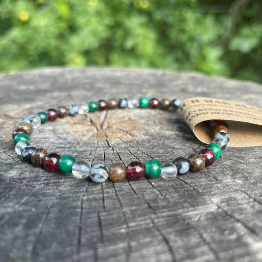 Nahaufnahme Edelsteinarmband Rücken – grüner Malachit, roter Granat, klarer Bergkristall & Schneeflockenobsidian, 4mm Perlen