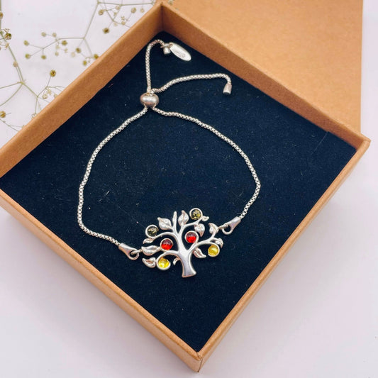 Bernstein Armband Lebensbaum mit Blätter in Silber – dreifarbiger Bernstein in warmen Honig- und Cognactönen, verstellbar, Unikat von WUNDERSTEIN
