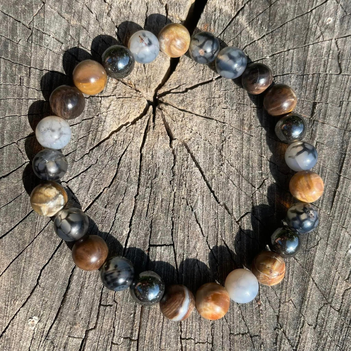Armband "Spinnennetzachat, Versteinertes Holz & Hämatit"