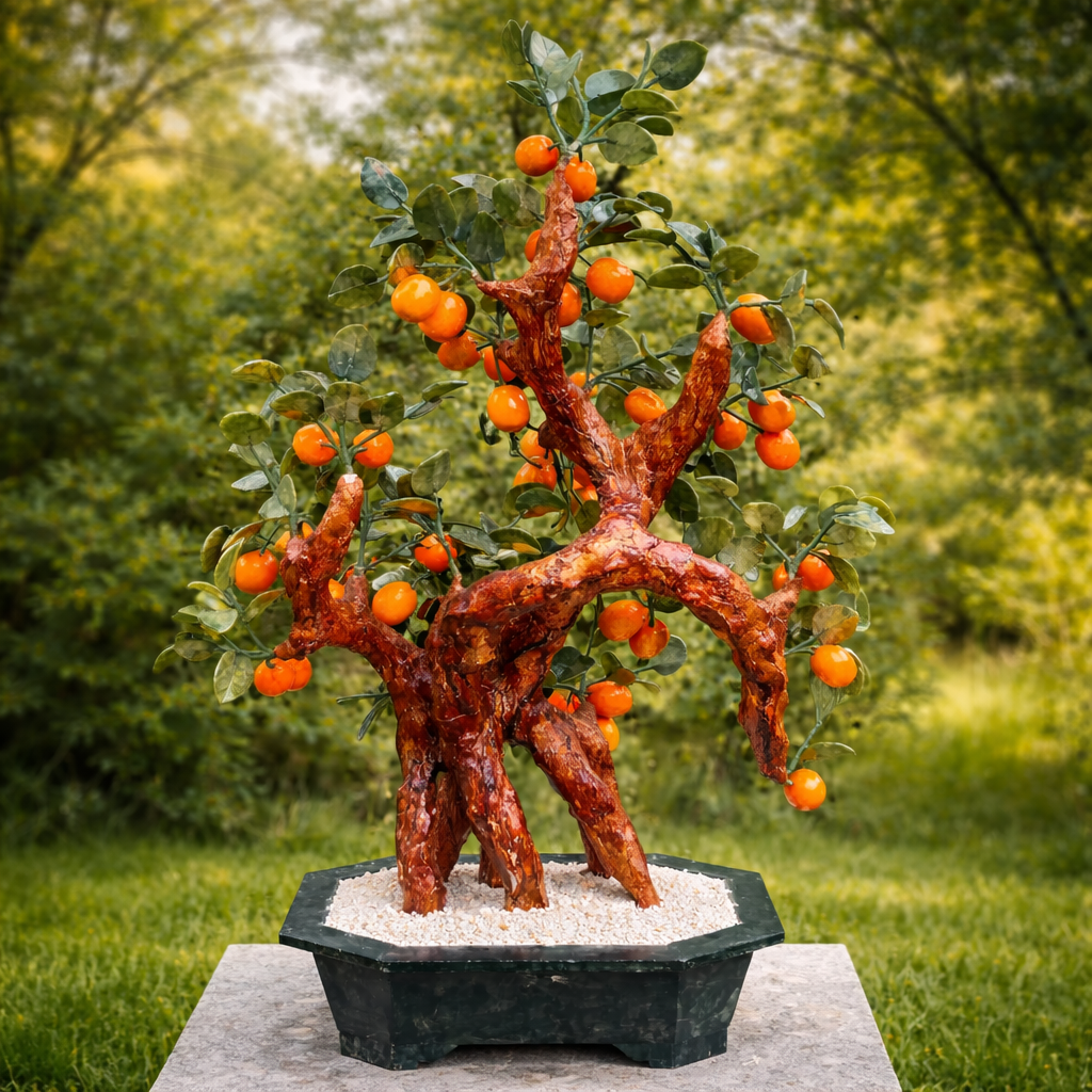 Edelstein-Orangenbäumchen aus Serpentin & Jade im Blumentopf – Einzelstück bei WUNDERSTEIN