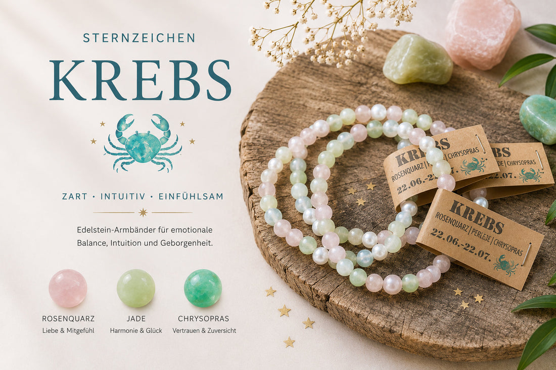 Sternzeichen Krebs Edelstein-Armband aus Rosenquarz, Jade und Chrysopras. Handgefertigt von WUNDERSTEIN.