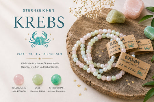 Sternzeichen Krebs Edelstein-Armband aus Rosenquarz, Jade und Chrysopras. Handgefertigt von WUNDERSTEIN.