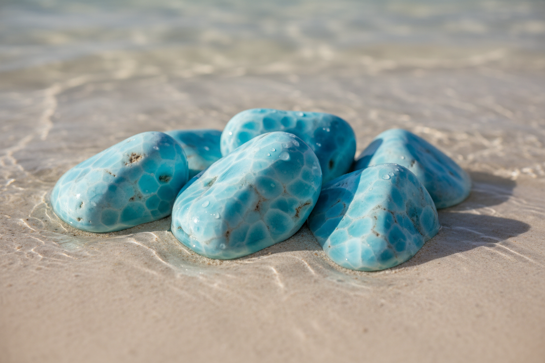 Mehrere Larimar-Edelsteine im kristallklaren Karibikwasser auf weißem Sand – WUNDERSTEIN