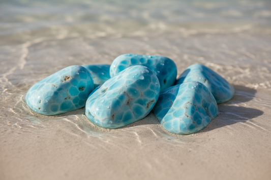Mehrere Larimar-Edelsteine im kristallklaren Karibikwasser auf weißem Sand – WUNDERSTEIN