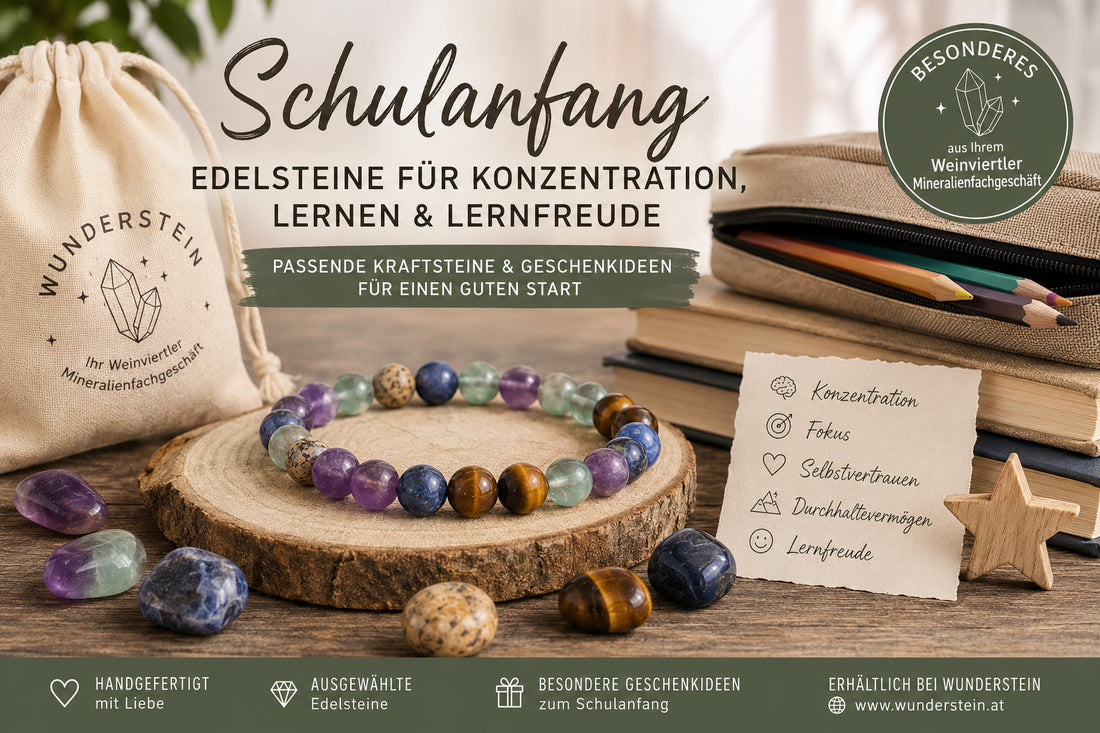 Handgefertigtes Edelsteinarmband zum Schulanfang mit Amethyst, Fluorit, Landschaftsjaspis, Tigerauge und Sodalith