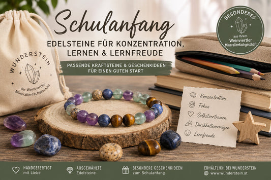 Handgefertigtes Edelsteinarmband zum Schulanfang mit Amethyst, Fluorit, Landschaftsjaspis, Tigerauge und Sodalith
