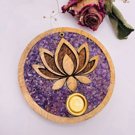 Räucherhalter „Lotus“ – Amethyst & Mangoholz