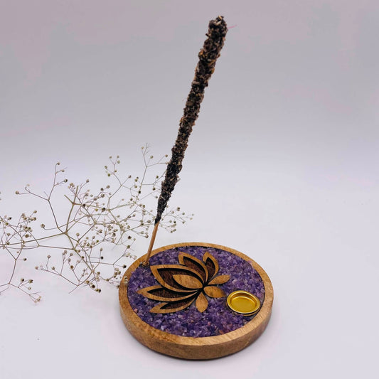 Räucherhalter „Lotus“ – Amethyst & Mangoholz