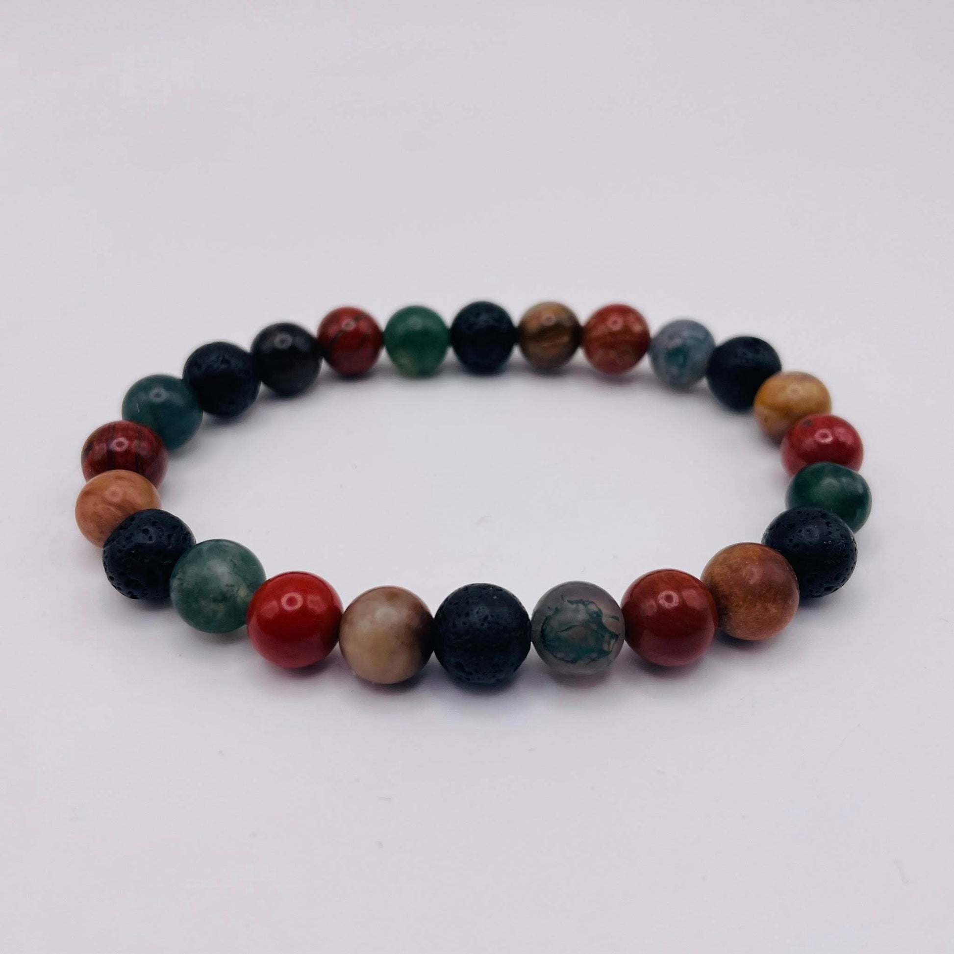 Herren-Edelstein-Armband DER ABENTEURER mit Rotem Jaspis, Lava, Moosachat & Versteinertem Holz – WUNDERSTEIN
