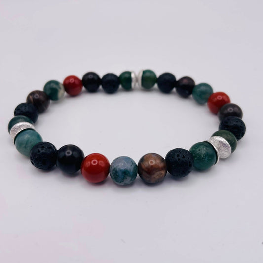 Herren-Edelstein-Armband DER ABENTEURER mit Silberelementen, Rotem Jaspis, Lava, Moosachat & Versteinertem Holz – WUNDERSTEIN
