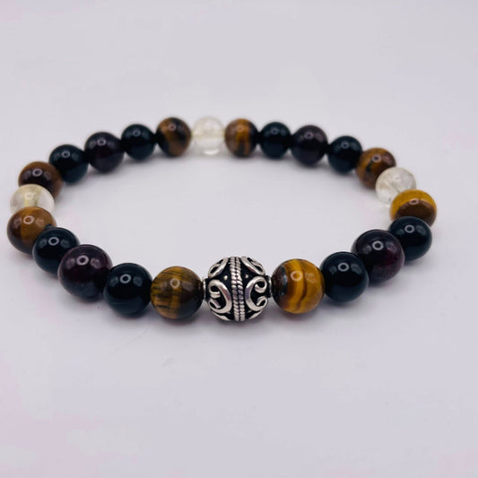 Herren-Edelstein-Armband DER ANFÜHRER mit Silberelementen, Tigerauge, Citrin, Granat & Onyx – WUNDERSTEIN
