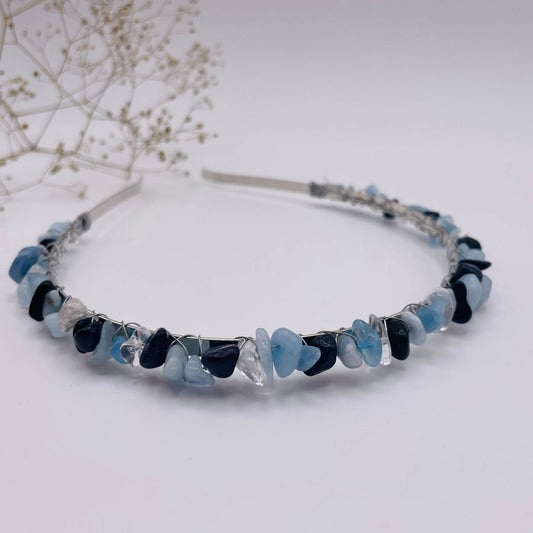 Silberner Haarreifen mit echten Aquamarin- und Blaufluss-Steinen – Edelstein-Haarschmuck für Hochzeit und Mittelalter
