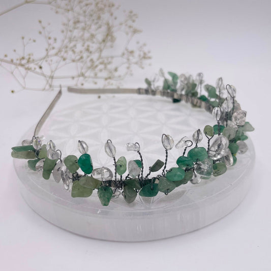 Silberne Edelstein-Tiara mit Aventurin und Bergkristall – märchenhafte Krone für besondere Anlässe von WUNDERSTEIN
