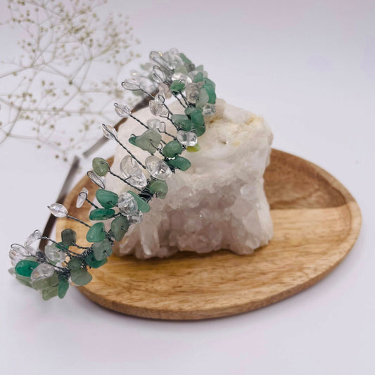 Silberne Tiara mit echten Aventurin- und Bergkristall-Steinen – Edelstein-Krone für Hochzeit und Mittelalter
