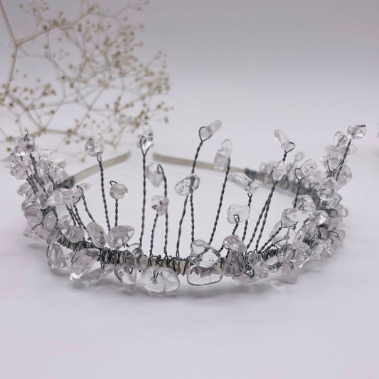 Silberne Tiara mit echten Bergkristall-Steinen – Edelstein-Krone für Hochzeit und Mittelalter
