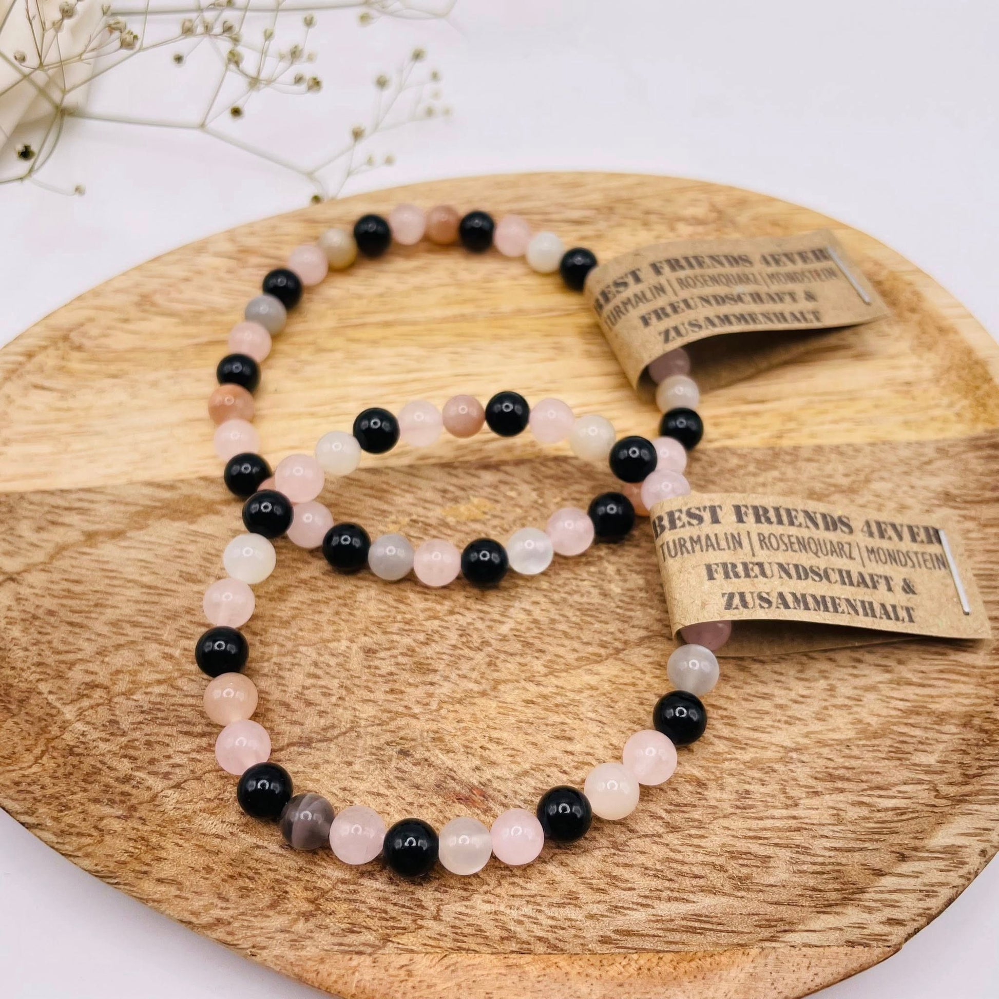 Armband Best Friends Forever mit Turmalin, Rosenquarz & Mondstein – 6mm, handgefertigt – WUNDERSTEIN