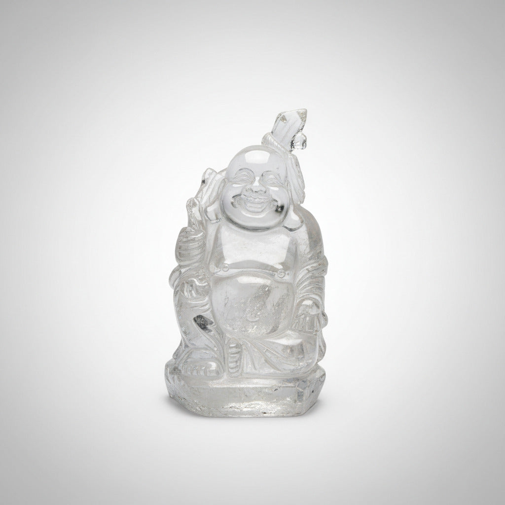 Buddha lachend aus Bergkristall – Sammlerstück Unikat, WUNDERSTEIN, Detailansicht
