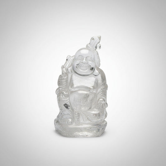 Buddha lachend aus Bergkristall – Sammlerstück Unikat, WUNDERSTEIN, Detailansicht
