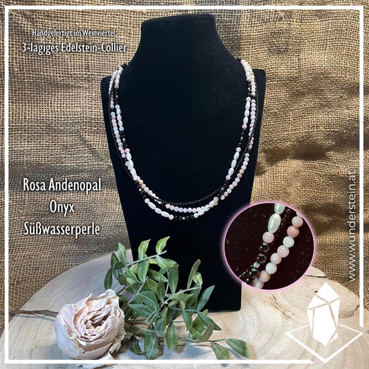 Dreilagiges Edelstein-Collier "Rosa Andenopal-Onyx"