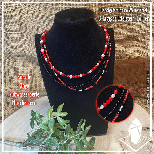 Dreilagiges Edelstein-Collier "Rote Koralle-Onyx-Perle"