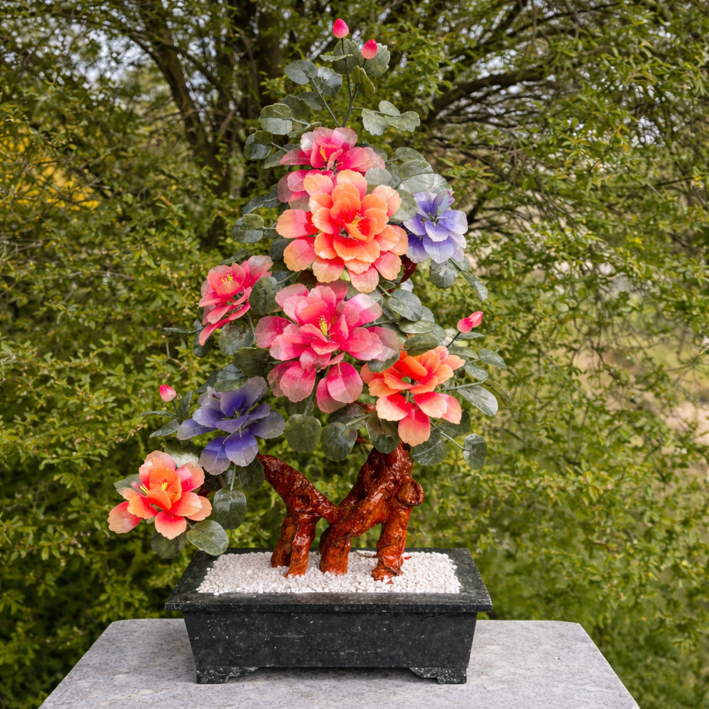 Handgefertigter Edelstein-Blütenstrauch aus Serpentin & Jade in Lachs, Rosa und Blau – WUNDERSTEIN