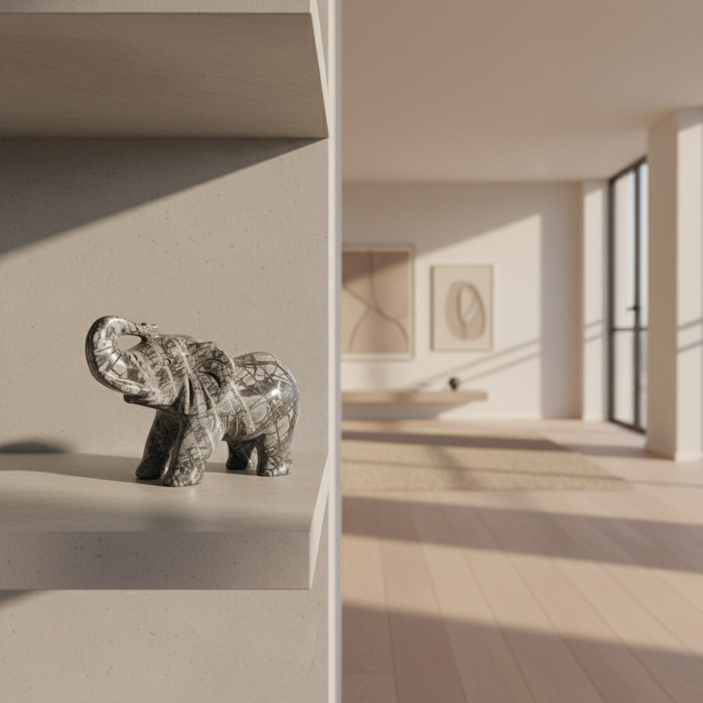 Elefant aus marmoriertem Naturstein handgefertigt – Unikat, WUNDERSTEIN, Seitenansicht
