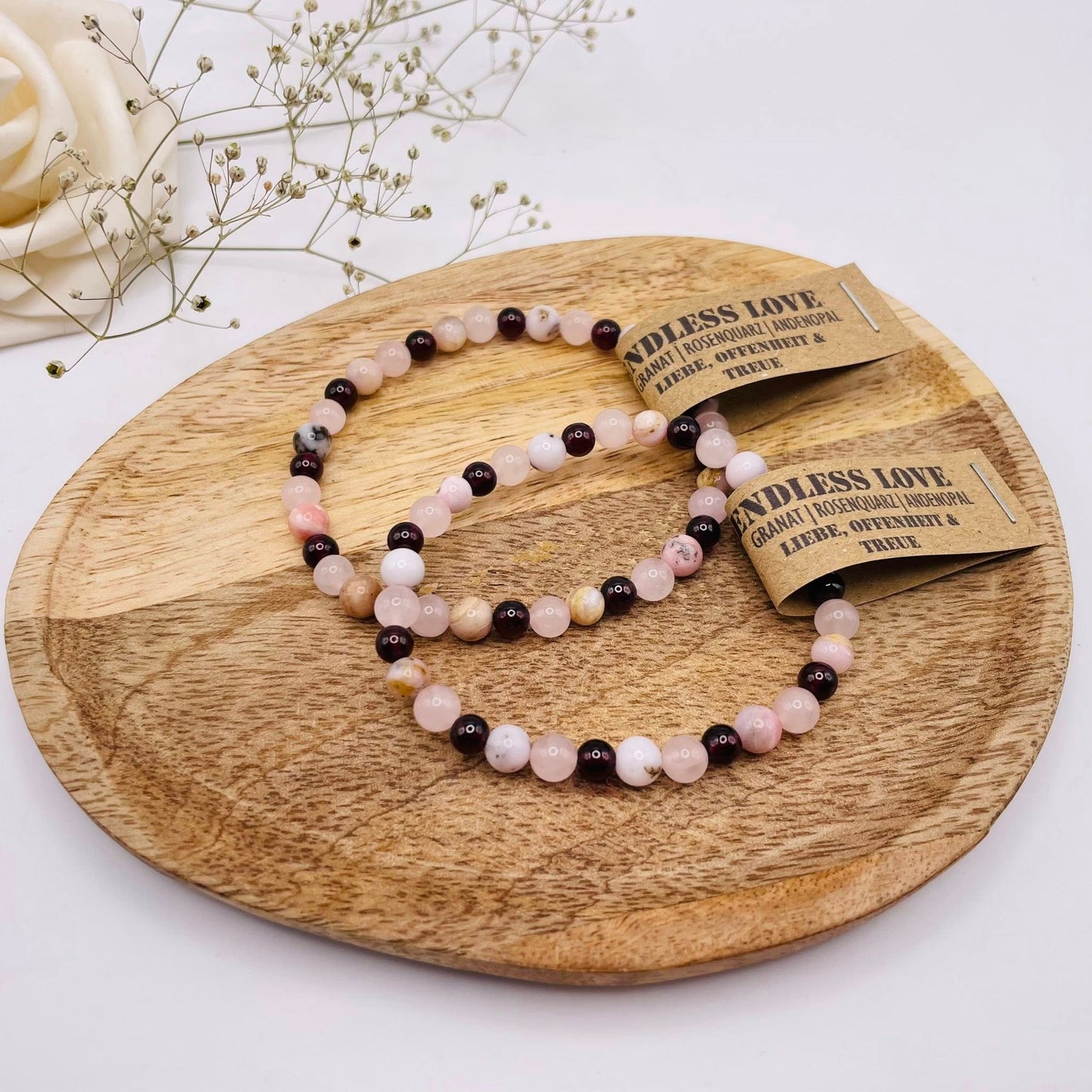Armband Endless Love mit Granat, Andenopal & Rosenquarz – 6mm, handgefertigt – WUNDERSTEIN