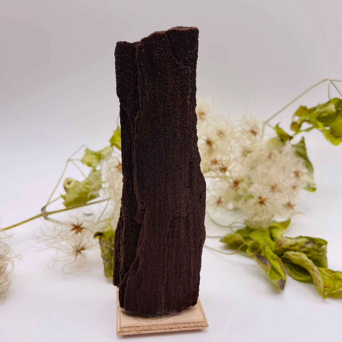Vorderansicht: Massives Feenholz Nr. 1 – versteinertes Holz mit Quarzkristallen, ca. 4 × 3 × 13,5 cm, auf Holzplatte – Unikat von WUNDERSTEIN
