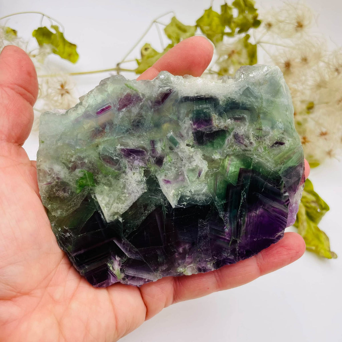 Draufsicht auf die handverlesene Regenbogenfluorit-Scheibe von WUNDERSTEIN: grüne und violette Zonen mit glänzenden Kristallstrukturen
