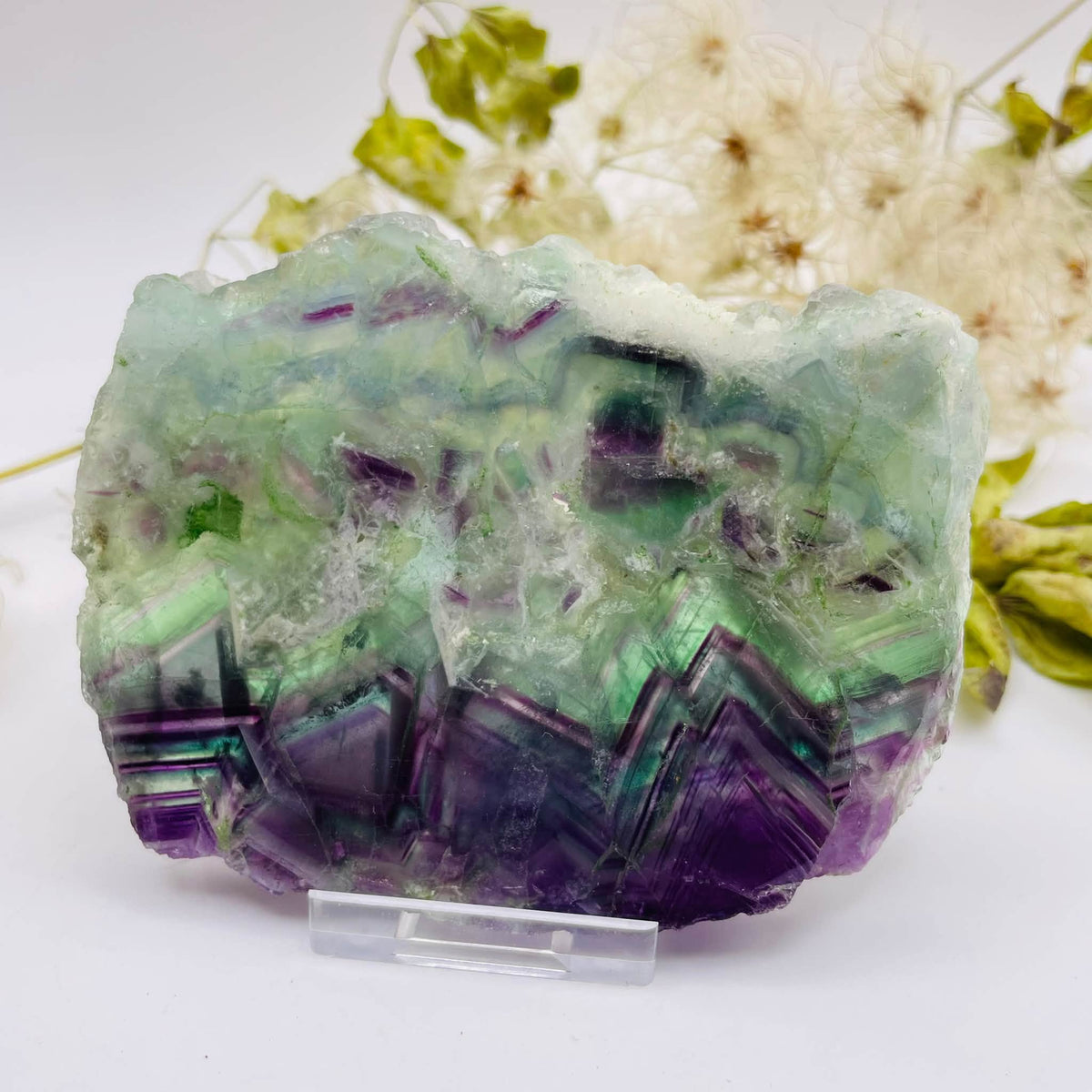 Regenbogenfluorit-Scheibe: gebänderte Fluorit-Stufe, ca. 11 x 8,5 x 1 cm, Unikat von WUNDERSTEIN
