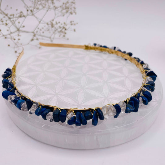 Goldener Haarreifen mit echten Lapislazuli- und Bergkristall-Steinen – Edelstein-Haarschmuck für Hochzeit und Mittelalter
