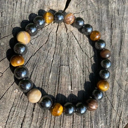 Armband "Versteinertes Holz, Tigerauge & Hämatit"