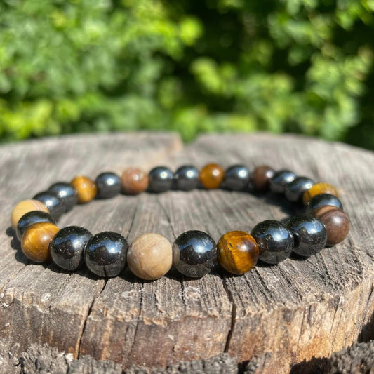 Armband "Versteinertes Holz, Tigerauge & Hämatit"