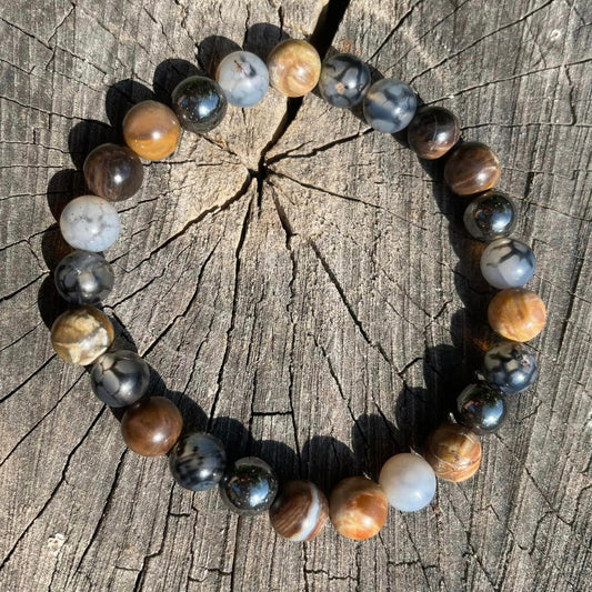 Armband "Spinnennetzachat, Versteinertes Holz & Hämatit"