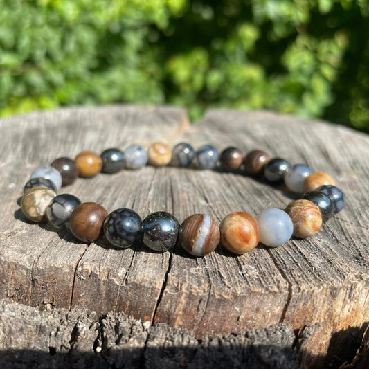 Armband "Spinnennetzachat, Versteinertes Holz & Hämatit"