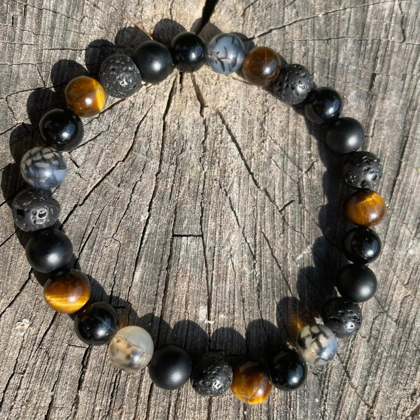 Armband "Lava, Onyx, Tigerauge & Spinnennetzachat"