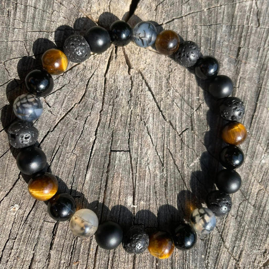 Armband "Lava, Onyx, Tigerauge & Spinnennetzachat"