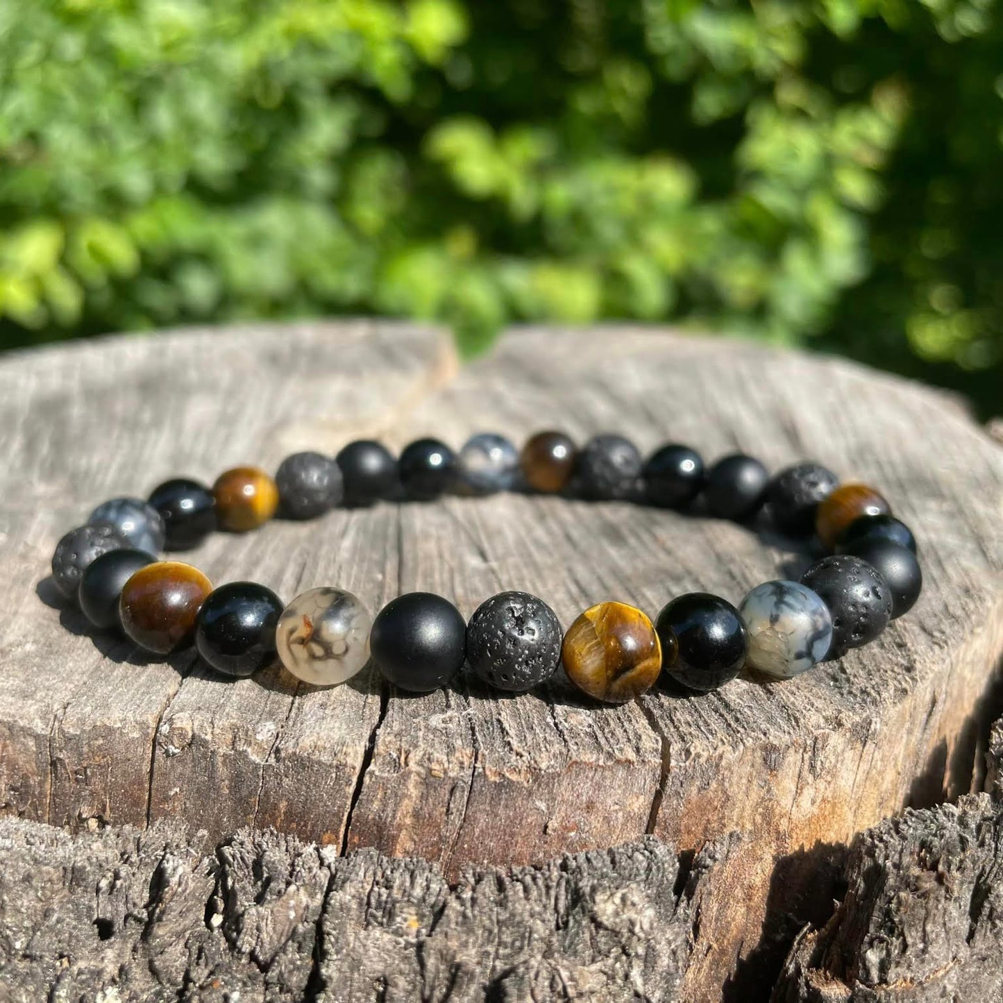 Armband "Lava, Onyx, Tigerauge & Spinnennetzachat"