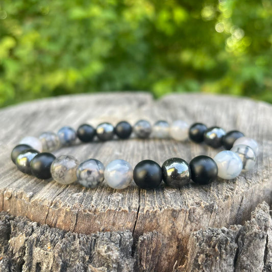 Armband "Spinnennetzachat-Onyx-Hämatit"