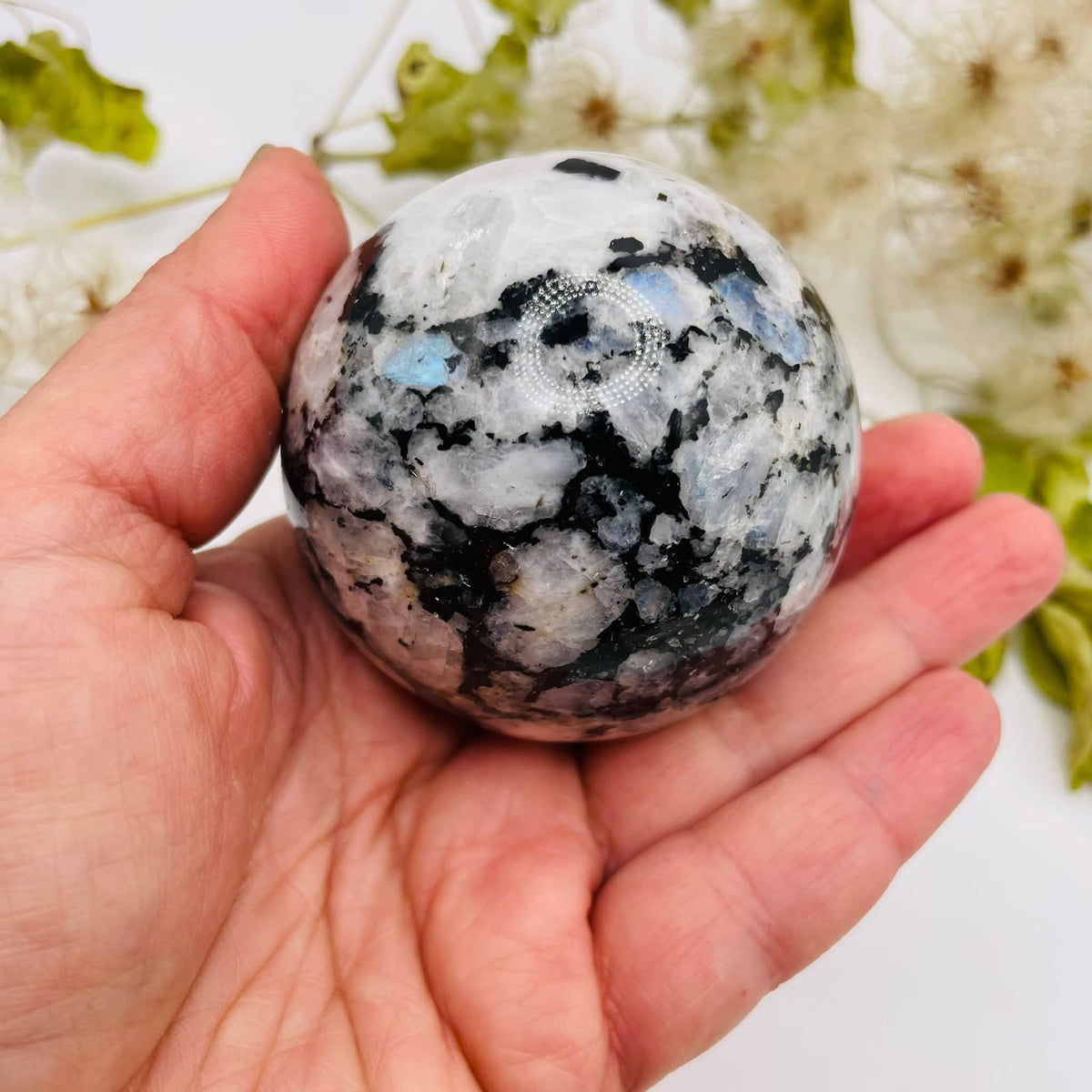 Mondstein-Kugel in einer Hand, mit kontrastreicher weiß-dunkler Zeichnung und blauem Schimmer – handverlesen von WUNDERSTEIN
