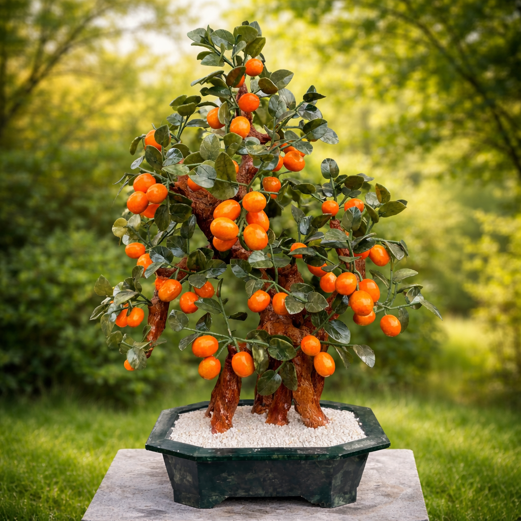 Handgefertigtes Orangenbäumchen aus Serpentin & Jade, ca. 78 cm – WUNDERSTEIN