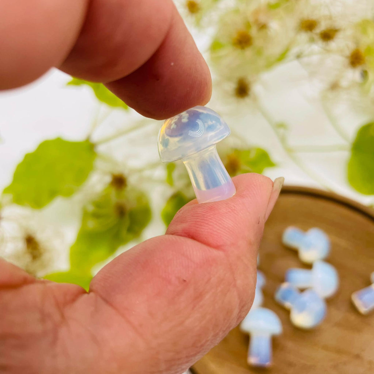 Nahaufnahme des Glückspilzes aus Opalglas mit changierendem Farbschimmer
