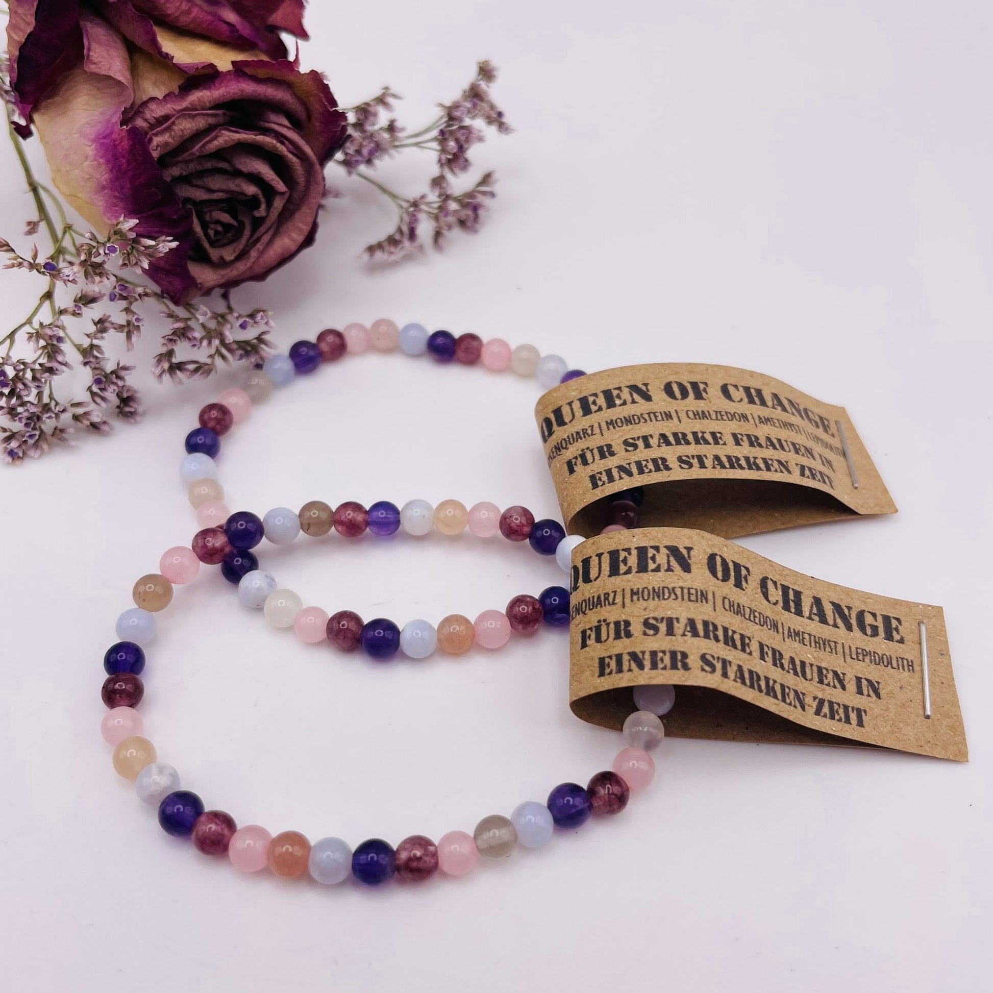 Wechseljahre Armband QUEEN OF CHANGE – Edelsteine Chalzedon, Rosenquarz & Mondstein, 4mm, WUNDERSTEIN
