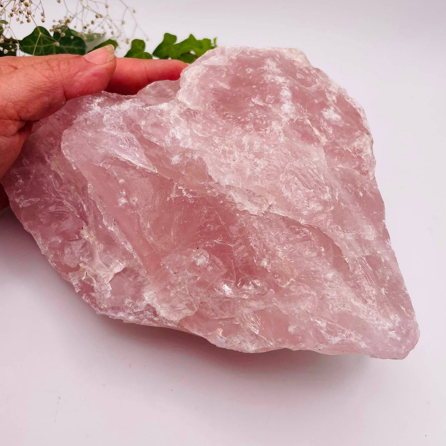 Nahaufnahme eines großen Rosenquarz-Rohsteins mit zartrosa Farbgebung und natürlicher, unbearbeiteter Kristallstruktur
