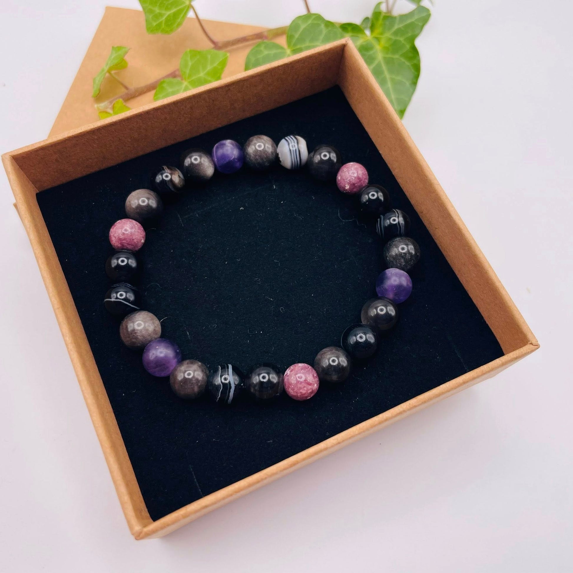 Herren-Edelstein-Armband DER RUHIGE mit Lepidolith, Amethyst, Silberobsidian & Sardonyx – WUNDERSTEIN

