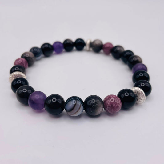 Herren-Edelstein-Armband DER RUHIGE mit Silberelementen, Lepidolith, Amethyst, Silberobsidian & Sardonyx – WUNDERSTEIN
