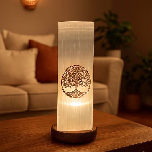 Nahaufnahme Selenit-Lampe mit goldenem Lebensbaum-Gravur – sanftes warmes Licht durchflutet den weißen Selenit-Stein (Spiegelstein) aus Marokko
