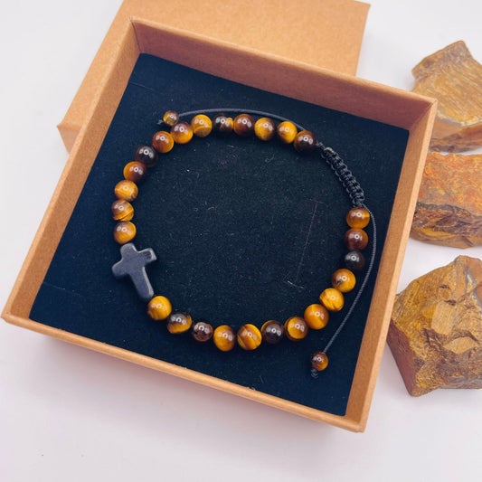 Edelsteinarmband mit Tigerauge und schwarzem Kreuz-Connector, handgefertigt von WUNDERSTEIN