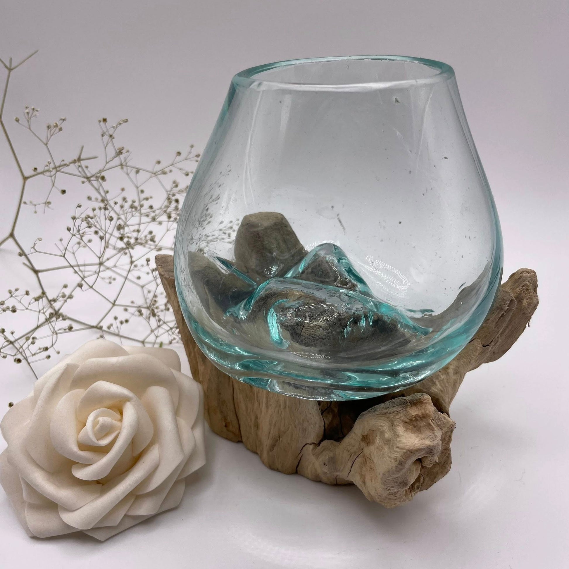 Glasschale auf Kaffeestrauch-Wurzelholz Unikat Nr. 2 – handgefertigt, 15×12×16 cm – WUNDERSTEIN